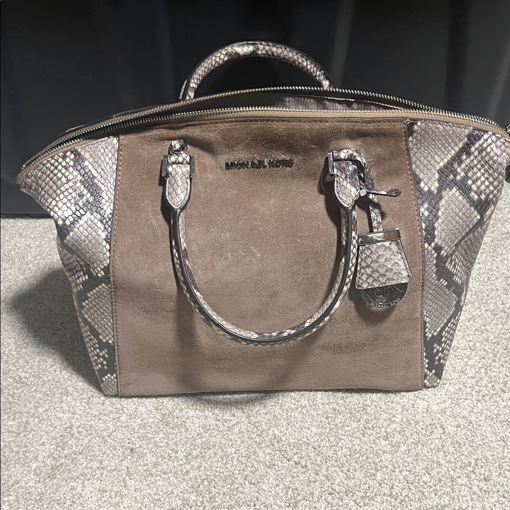 Michael Kors Riley Suede and Snake Print Satchel